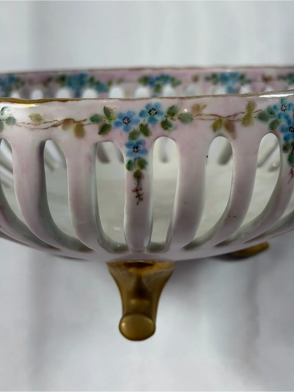 Vintage Reticulated Lattice Footed Fruit Bowl, Dresden-Style, Luster Glaze